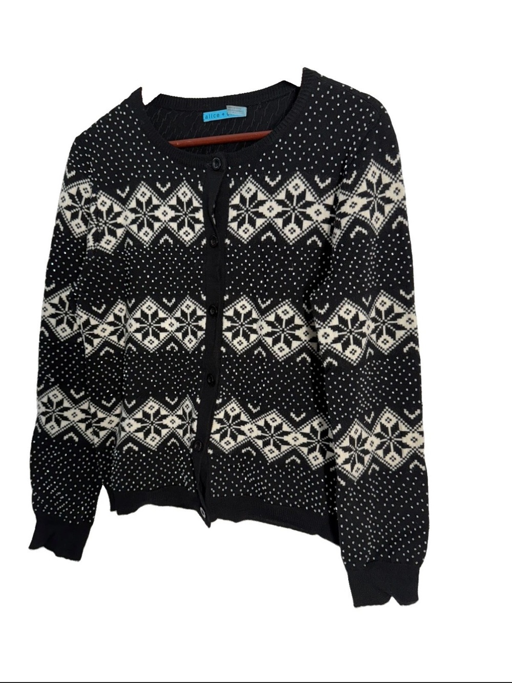 ALICE + OLIVIA SNOW JACQUARD AND BEADS CARDIGAN WOOL KNIT TOP SWEATER SIZE L - Picture 9 of 16